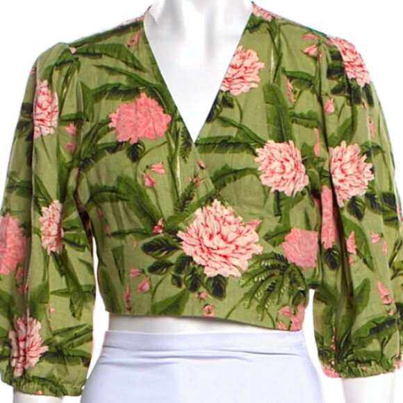 Agua Bendita Peony Print Linen-Blend Tie Wrap Crop Top Green Pink M Floral Wrap - Picture 10 of 10